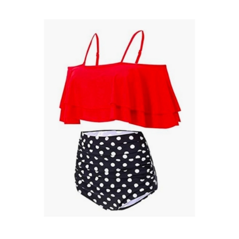 Hello Summer! Red Flounce Top & Black Polka Dot High-Waisted Bikini - Size S NWT